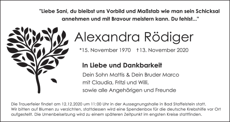  Traueranzeige für Alexandra Rödiger vom 05.12.2020 aus MGO