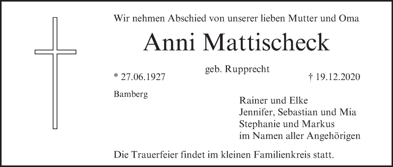  Traueranzeige für Anni Mattischeck vom 28.12.2020 aus MGO