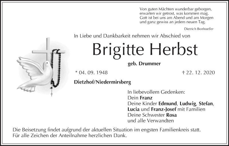  Traueranzeige für Brigitte Herbst vom 24.12.2020 aus MGO