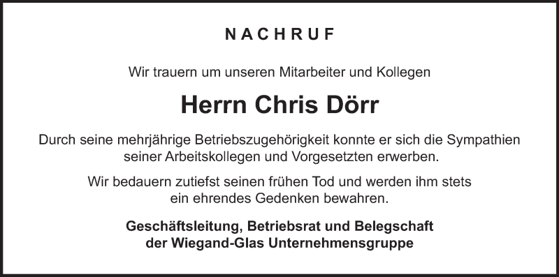  Traueranzeige für Chris Dörr vom 05.12.2020 aus MGO