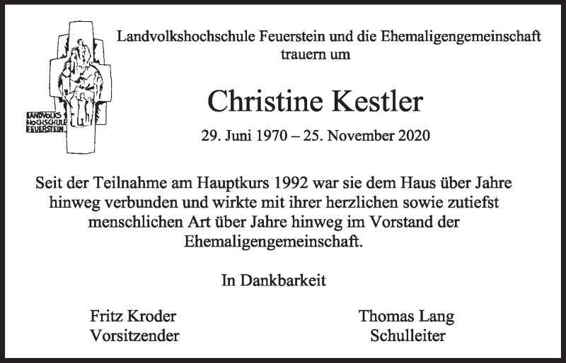  Traueranzeige für Christine Kestler vom 05.12.2020 aus MGO