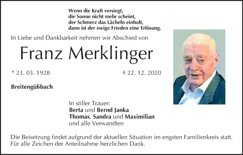  Traueranzeige für Franz Merklinger vom 24.12.2020 aus MGO