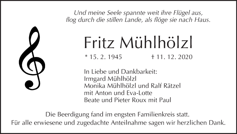  Traueranzeige für Fritz Mühlhölzl vom 19.12.2020 aus MGO
