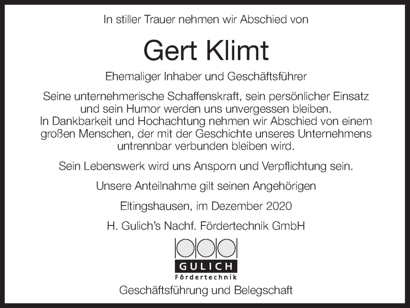  Traueranzeige für Gert Klimt vom 12.12.2020 aus MGO