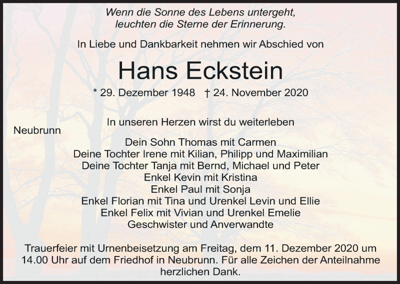 Traueranzeige für Hans Eckstein vom 08.12.2020 aus MGO