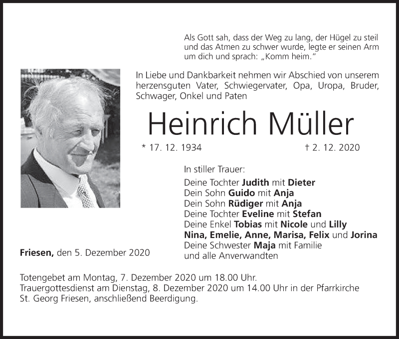  Traueranzeige für Heinrich Müller vom 05.12.2020 aus MGO
