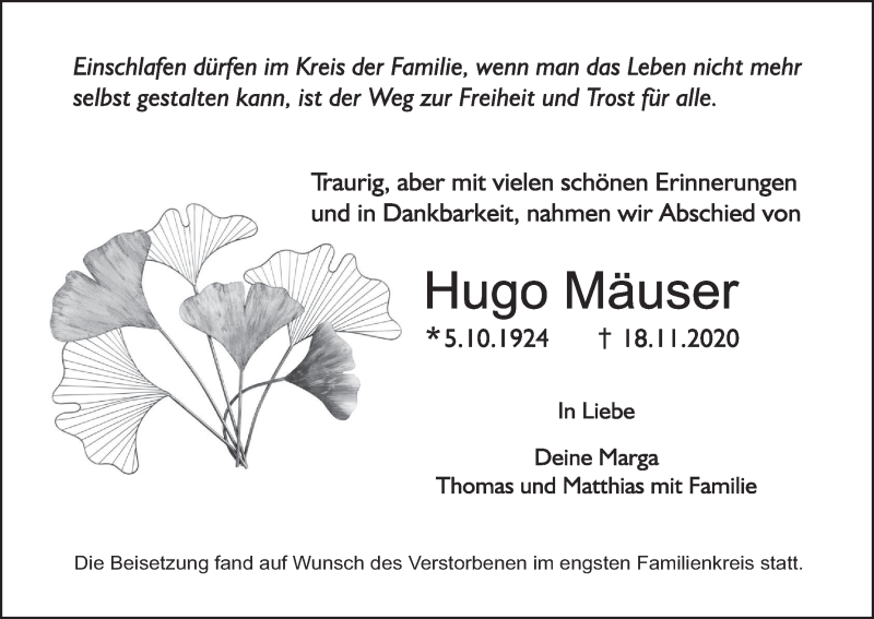  Traueranzeige für Hugo Mäuser vom 05.12.2020 aus MGO