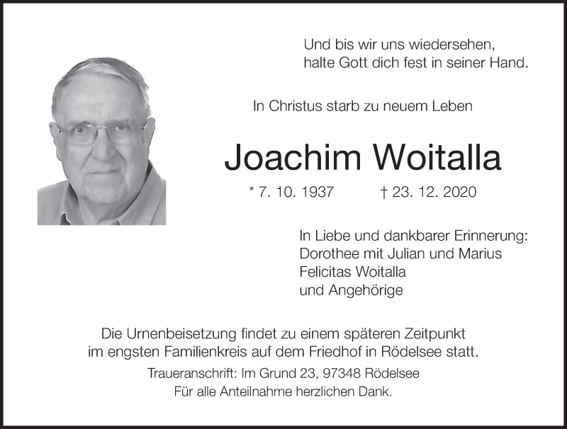  Traueranzeige für Joachim Woitalla vom 29.12.2020 aus MGO
