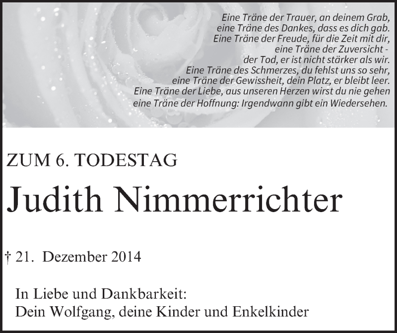  Traueranzeige für Judith Nimmerrichter vom 21.12.2020 aus MGO