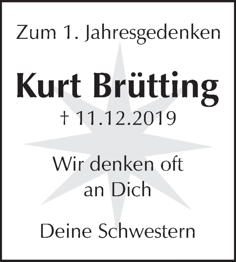  Traueranzeige für Kurt Brütting vom 11.12.2020 aus MGO