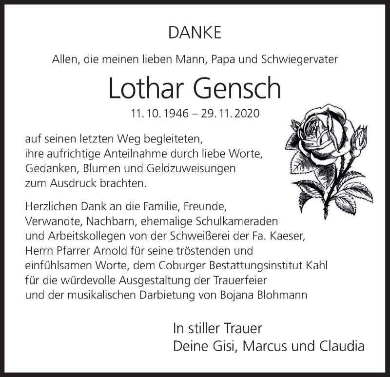  Traueranzeige für Lothar Gensch vom 19.12.2020 aus MGO