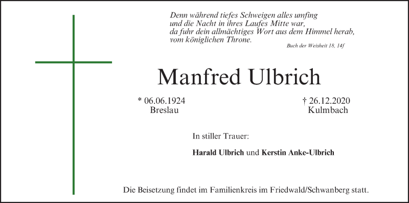  Traueranzeige für Manfred Ulbrich vom 30.12.2020 aus MGO