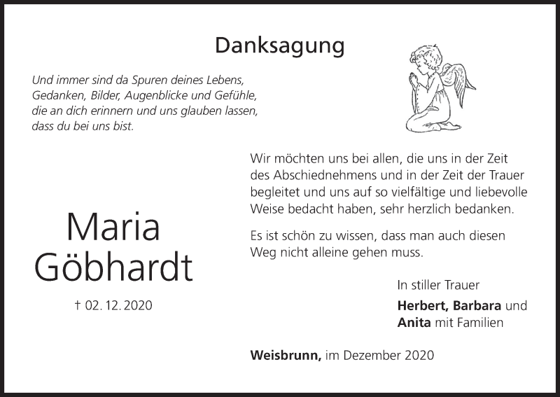  Traueranzeige für Maria Göbhardt vom 19.12.2020 aus MGO