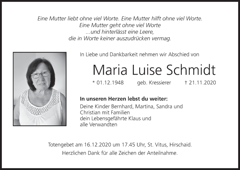  Traueranzeige für Maria Luise Schmidt vom 14.12.2020 aus MGO