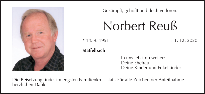  Traueranzeige für Norbert Reuß vom 05.12.2020 aus MGO