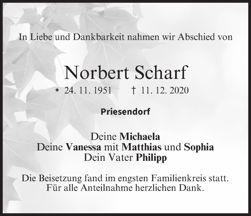  Traueranzeige für Norbert Scharf vom 28.12.2020 aus MGO