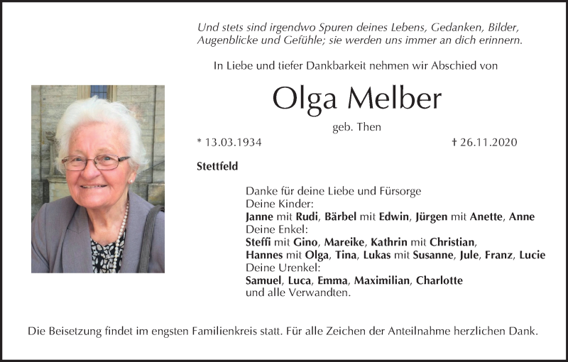  Traueranzeige für Olga Melber vom 02.12.2020 aus MGO