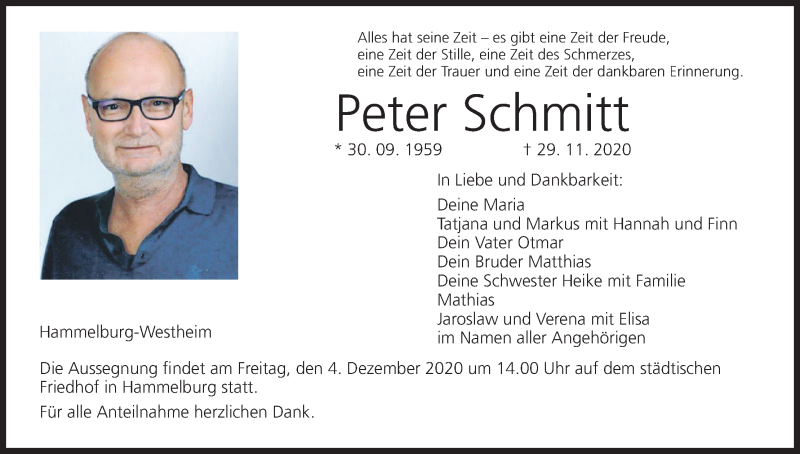  Traueranzeige für Peter Schmitt vom 02.12.2020 aus MGO