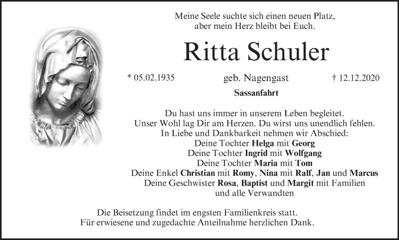  Traueranzeige für Ritta Schuler vom 19.12.2020 aus MGO