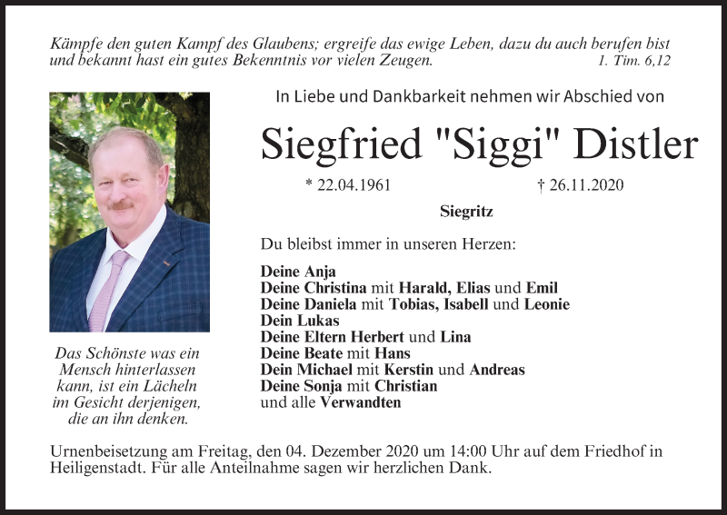  Traueranzeige für Siegfried Distler vom 02.12.2020 aus MGO