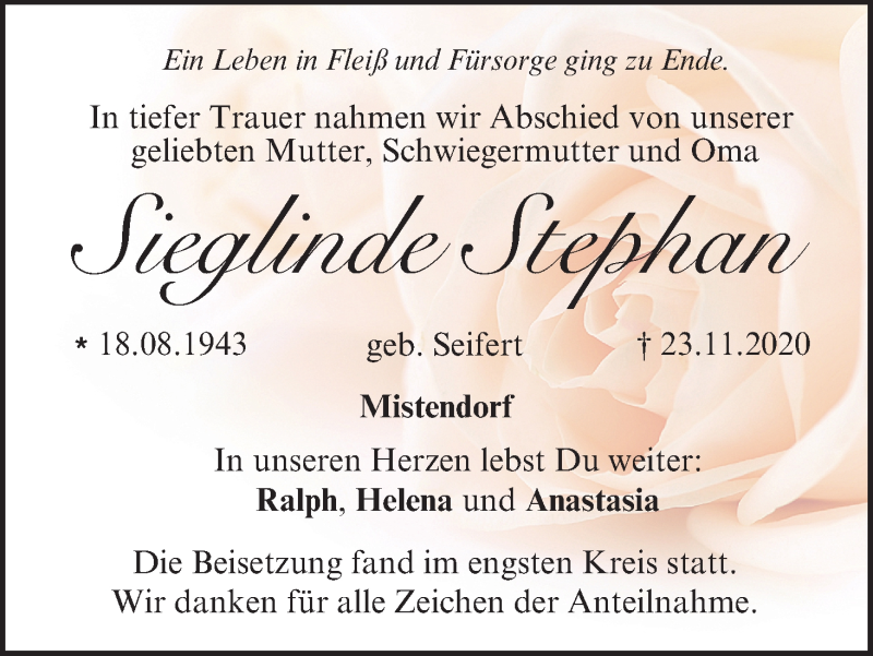  Traueranzeige für Sieglinde Stephan vom 05.12.2020 aus MGO
