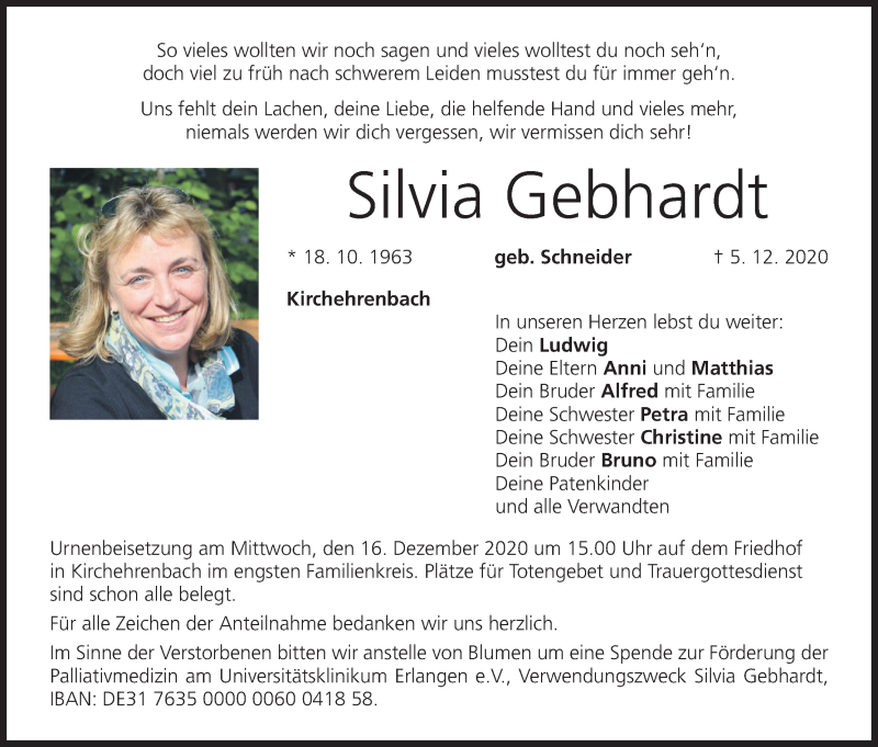  Traueranzeige für Silvia Gebhardt vom 12.12.2020 aus MGO