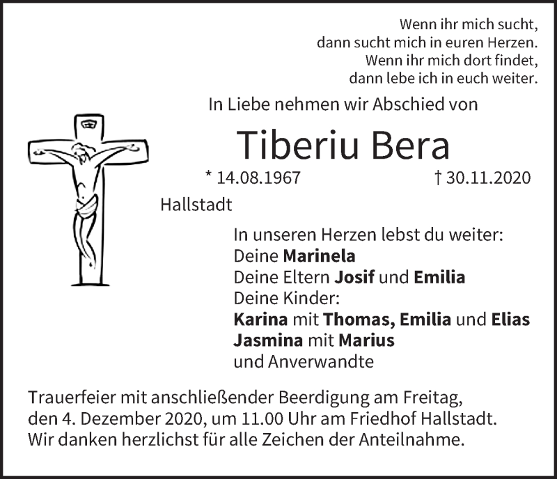  Traueranzeige für Tiberiu Bera vom 02.12.2020 aus MGO