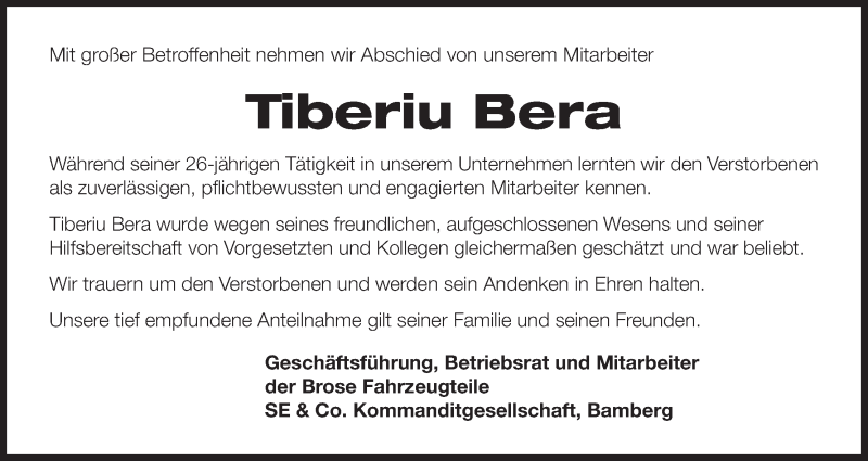  Traueranzeige für Tiberiu Bera vom 05.12.2020 aus MGO