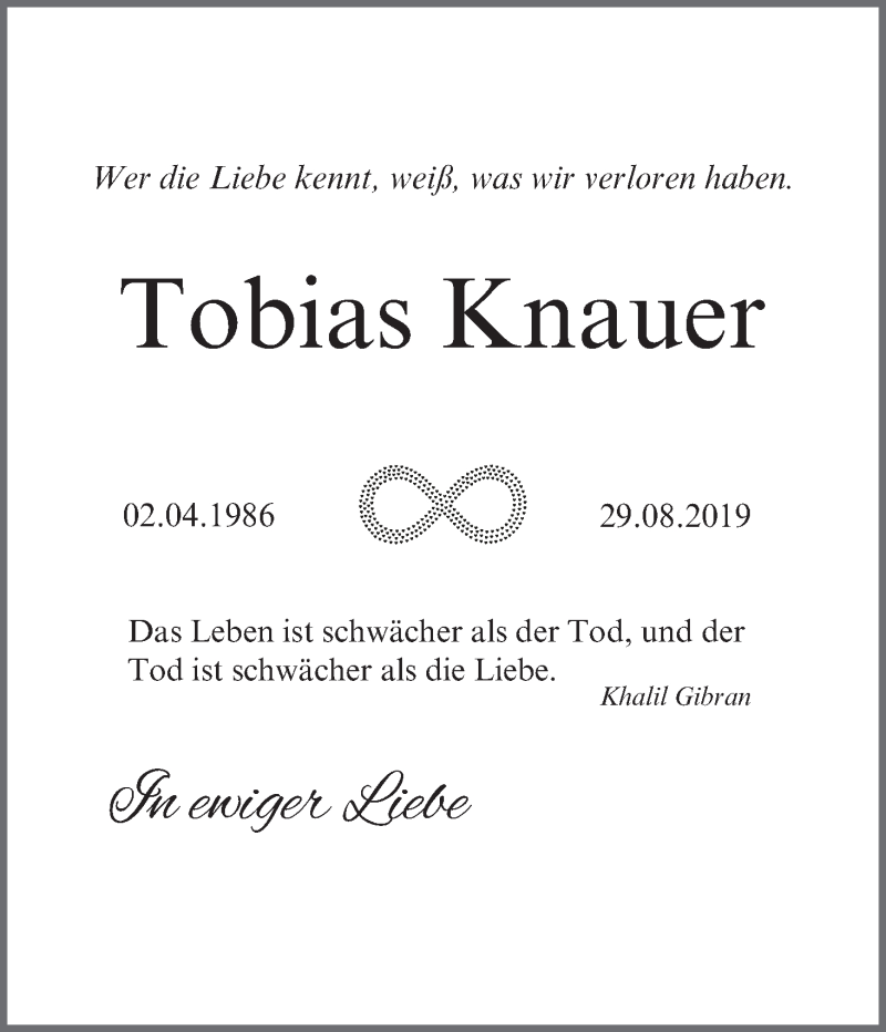  Traueranzeige für Tobias Knauer vom 24.12.2020 aus MGO