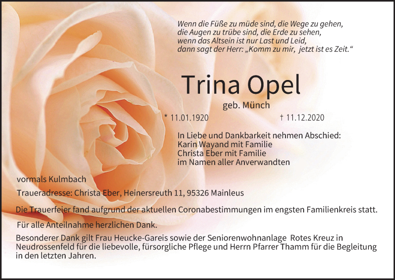  Traueranzeige für Trina Opel vom 16.12.2020 aus MGO