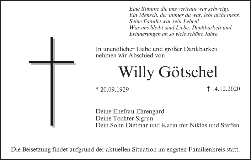  Traueranzeige für Willy Götschel vom 19.12.2020 aus MGO