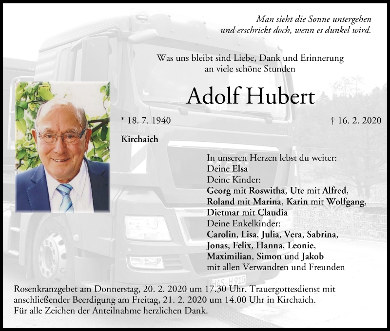  Traueranzeige für Adolf Hubert vom 19.02.2020 aus MGO