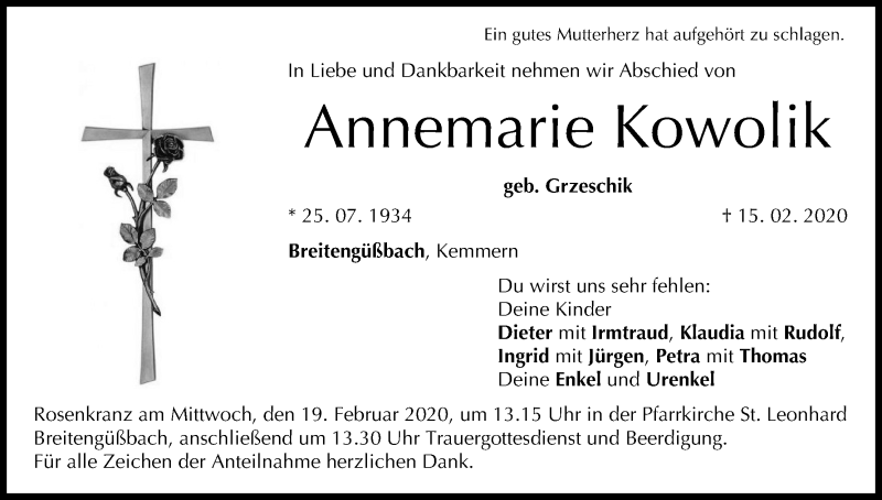  Traueranzeige für Annemarie Kowolik vom 17.02.2020 aus MGO