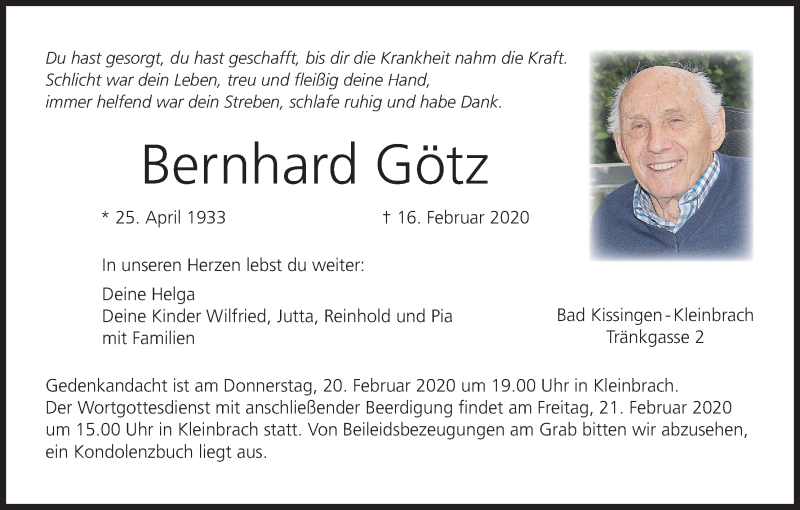  Traueranzeige für Bernhard Götz vom 19.02.2020 aus MGO