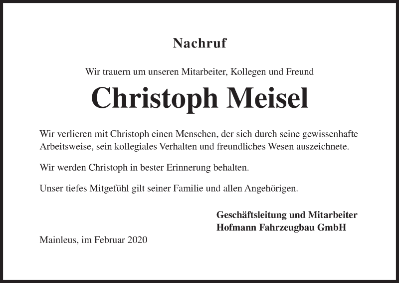  Traueranzeige für Christoph Meisel vom 18.02.2020 aus MGO