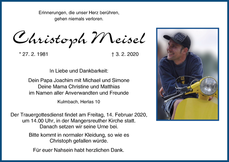  Traueranzeige für Christoph Meisel vom 12.02.2020 aus MGO