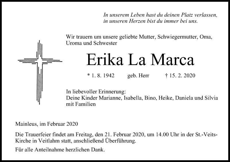  Traueranzeige für Erika La Marca vom 19.02.2020 aus MGO