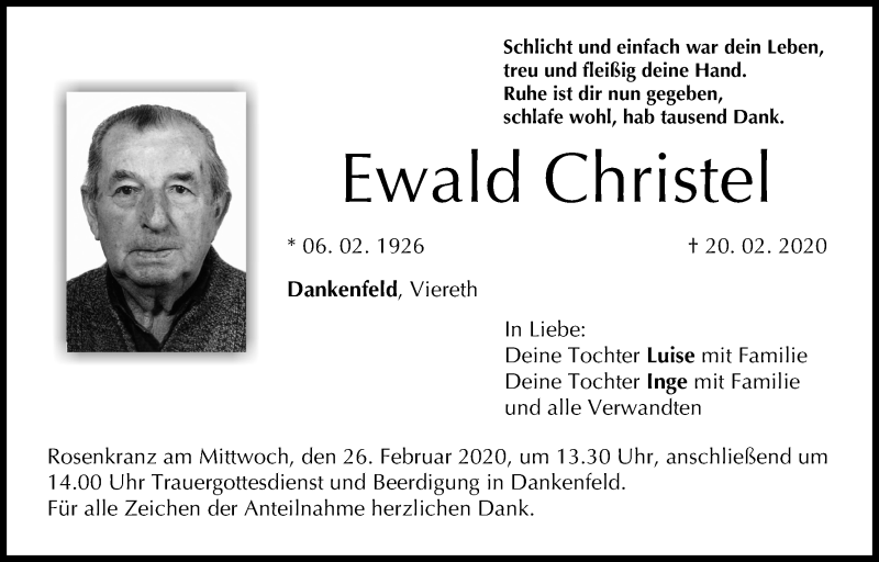  Traueranzeige für Ewald Christel vom 22.02.2020 aus MGO
