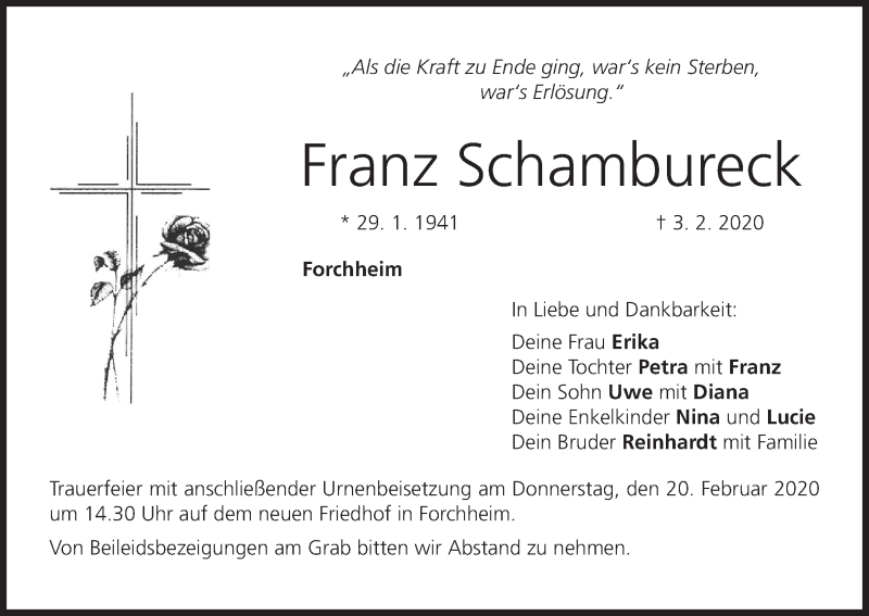  Traueranzeige für Franz Schambureck vom 15.02.2020 aus MGO
