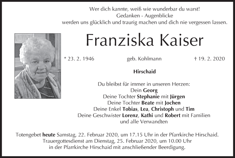 Traueranzeige für Franziska Kaiser vom 22.02.2020 aus MGO