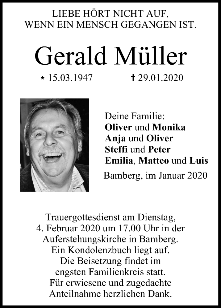  Traueranzeige für Gerald Müller vom 01.02.2020 aus MGO