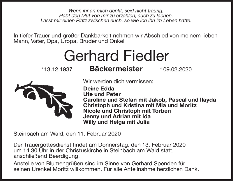  Traueranzeige für Gerhard Fiedler vom 11.02.2020 aus MGO