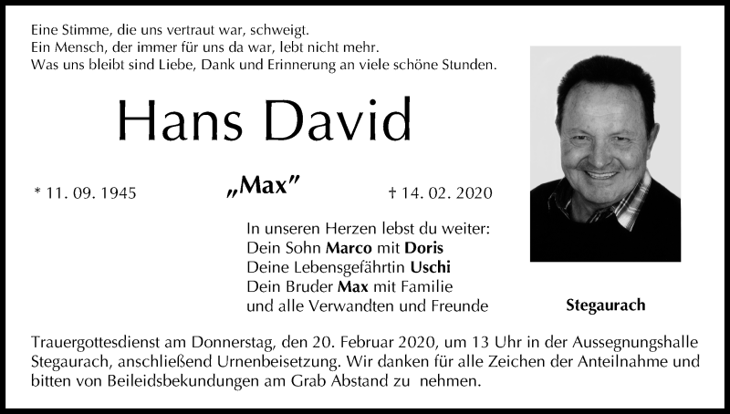  Traueranzeige für Hans David vom 17.02.2020 aus MGO