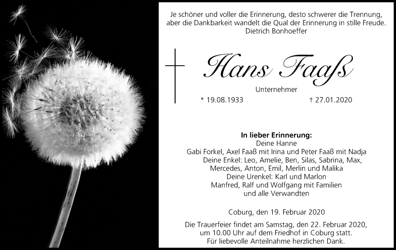  Traueranzeige für Hans Faaß vom 19.02.2020 aus MGO