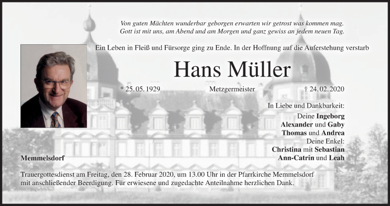  Traueranzeige für Hans Müller vom 26.02.2020 aus MGO