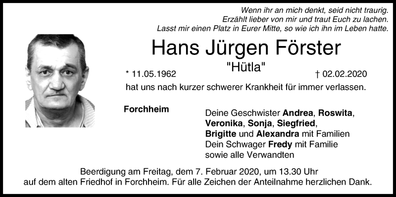  Traueranzeige für Hans Jürgen Förster vom 06.02.2020 aus MGO