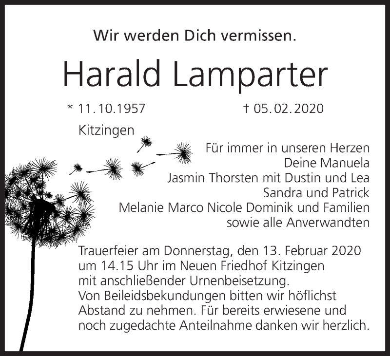  Traueranzeige für Harald Lamparter vom 08.02.2020 aus MGO