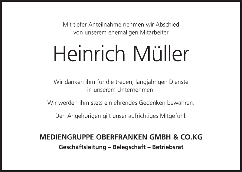  Traueranzeige für Heinrich Müller vom 01.02.2020 aus MGO