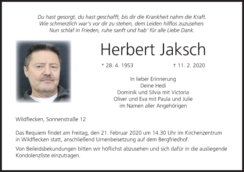  Traueranzeige für Herbert Jaksch vom 19.02.2020 aus MGO