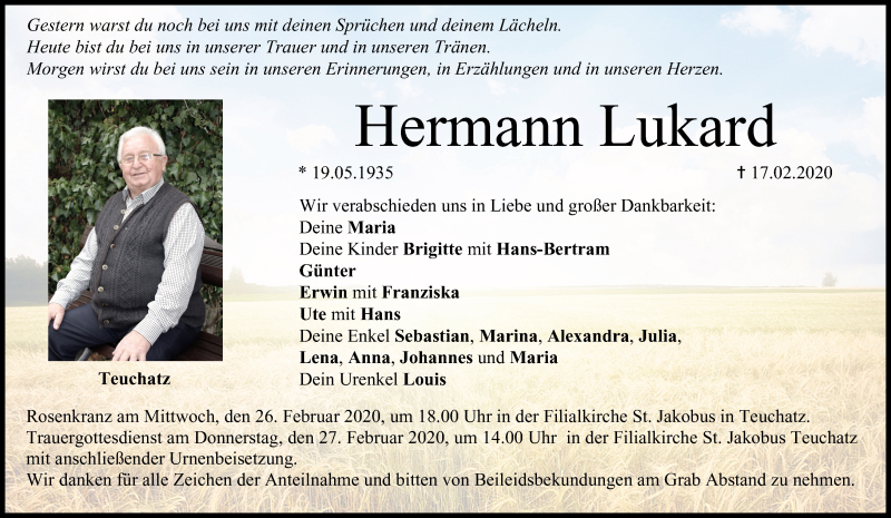  Traueranzeige für Hermann Lukard vom 22.02.2020 aus MGO